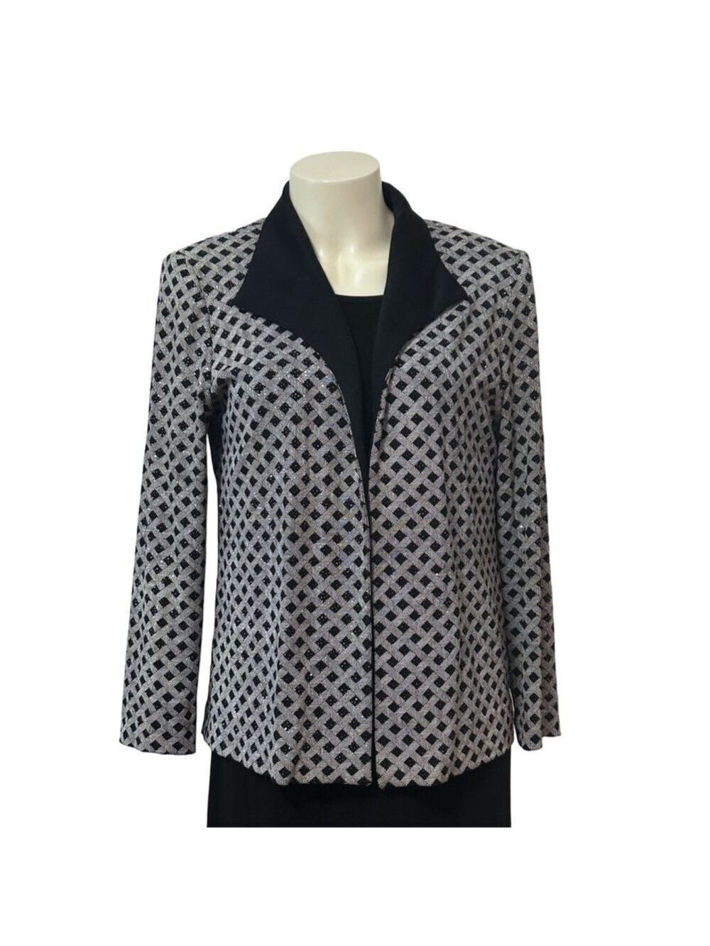 Alex Evenings Petite Black White Geometric Blazer 12P Open Front